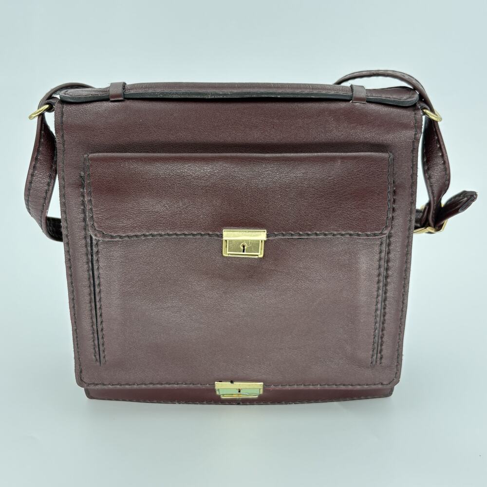 Vintage 80s Burgundy Leather Crossbody Satchel Bag with Lock and Keys